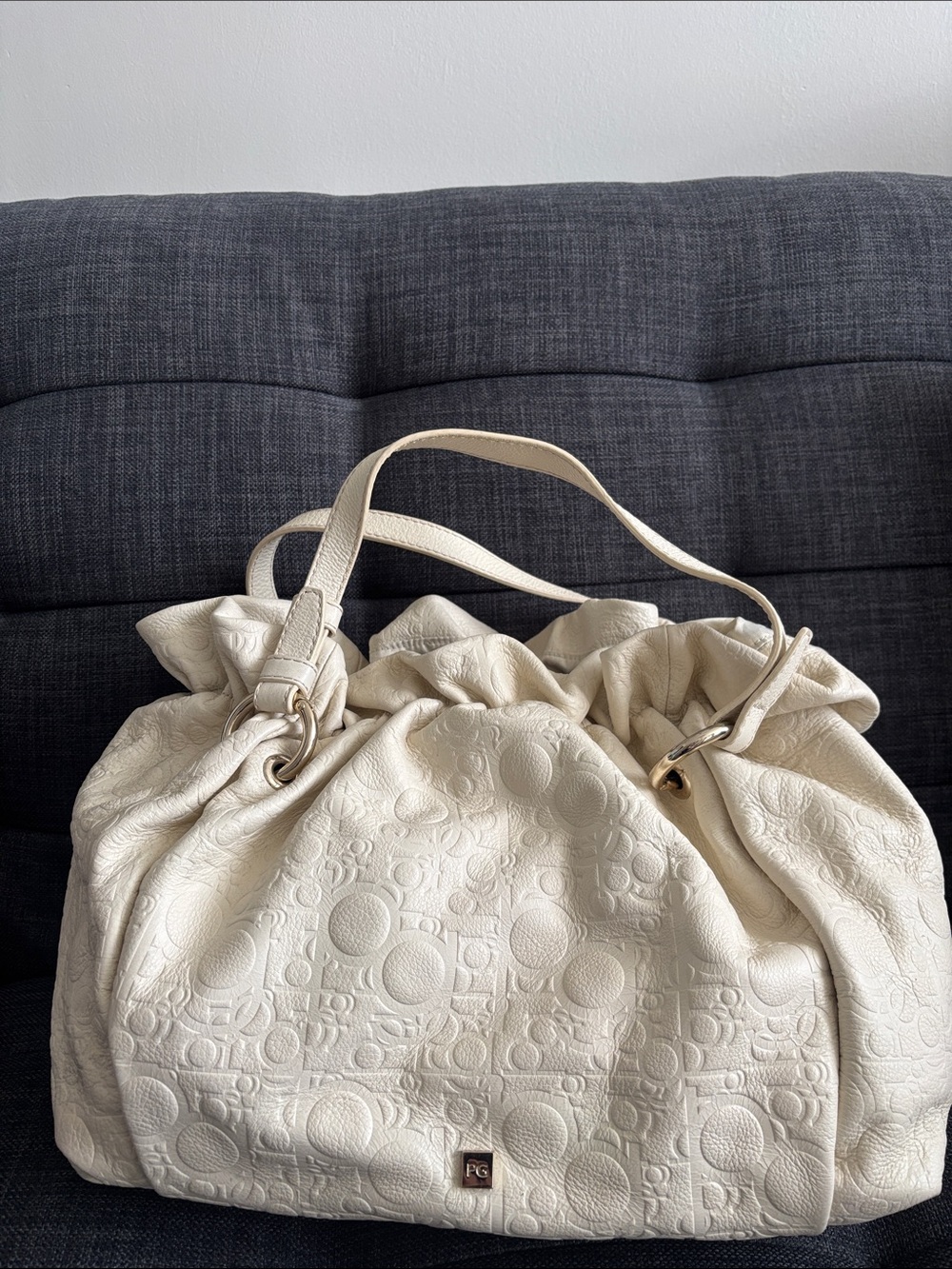 Cream Embossed Shoulder Bag with Double Straps